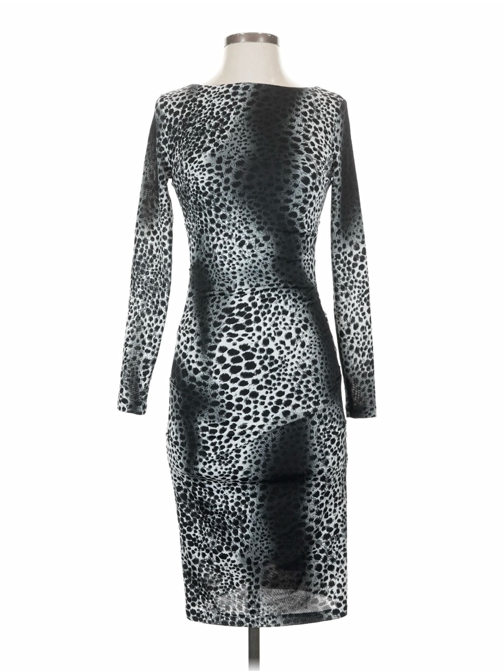 PHILOSOPHY Black Leopard Print XS Long  Sleeve Ruched Bodycon Midi Dress